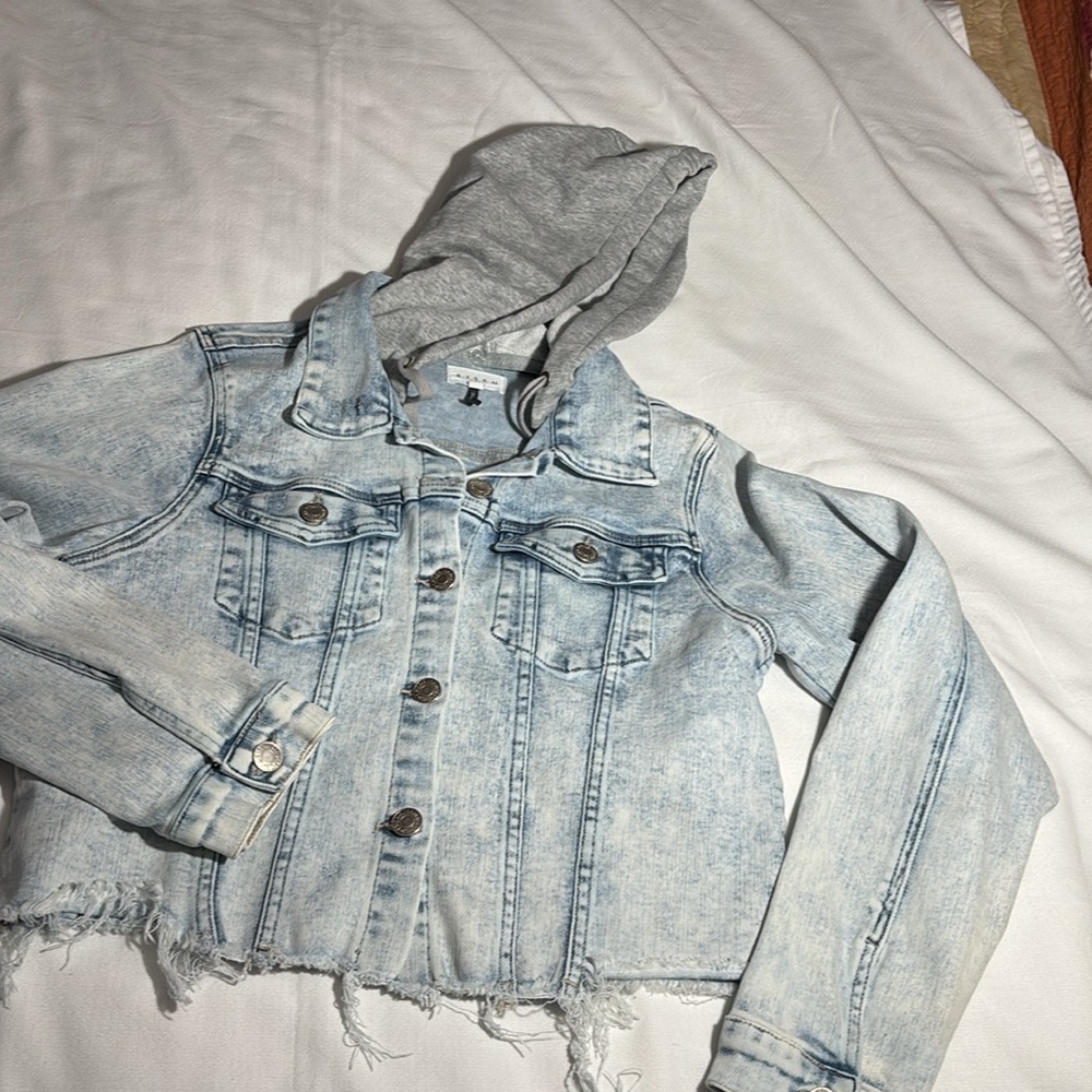 Women's Distressed Denim Hooded Raw Hem Jacket -Size L